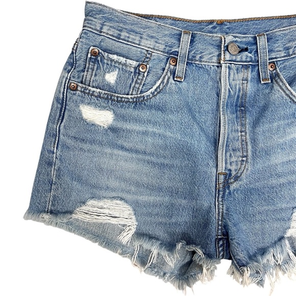 Levi’s 501 High Rise Button Fly Distressed Cutoff Rigid Denim Jean Shorts - Picture 3 of 9